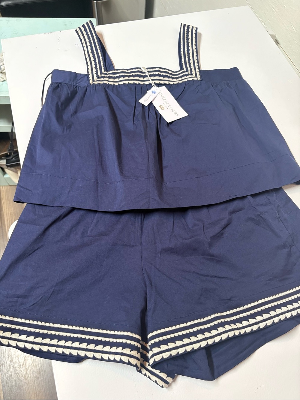NWT Caroline Constas Navy Embroidered 2-Piece Shorts Set M
